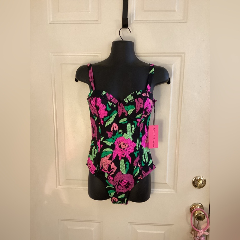 Betsey Johnson Pink and Green Floral One Piece Swimsuit